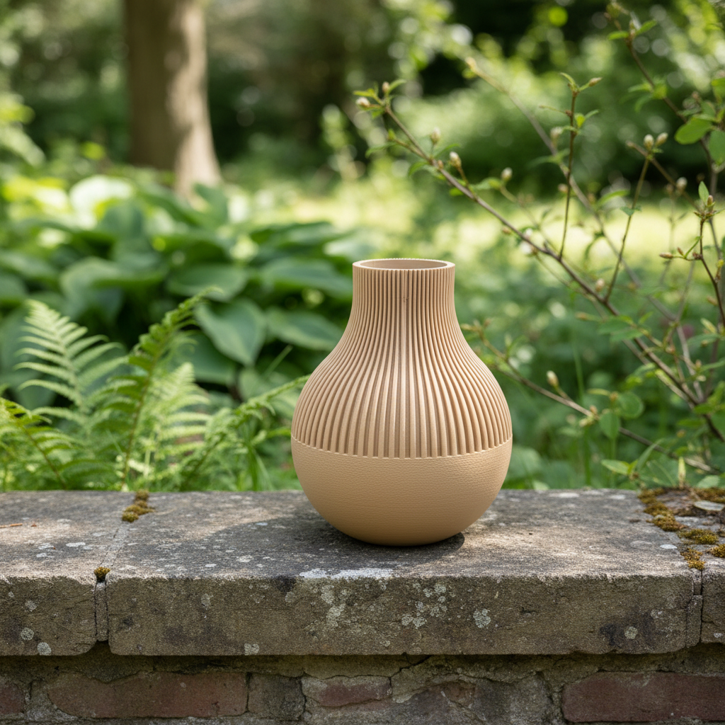 Beige geribde vaas buiten