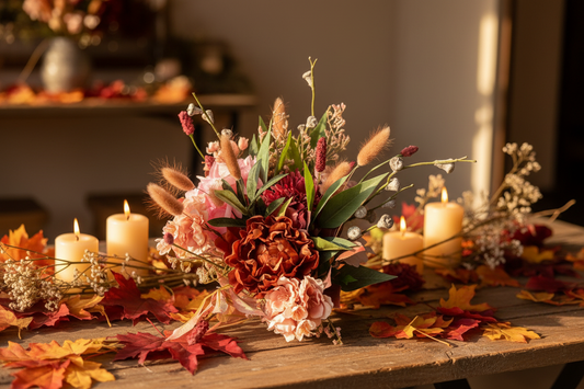 Boeket op tafel met kaarsen