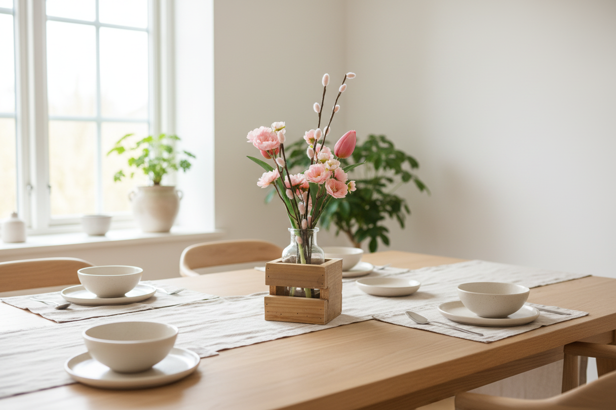 Roze lenteboeket op eettafel