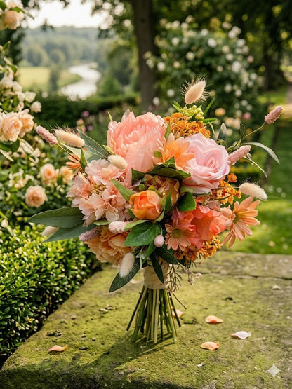 Sunset Bloom — Zijden Bruidsboeket Roze & Oranje