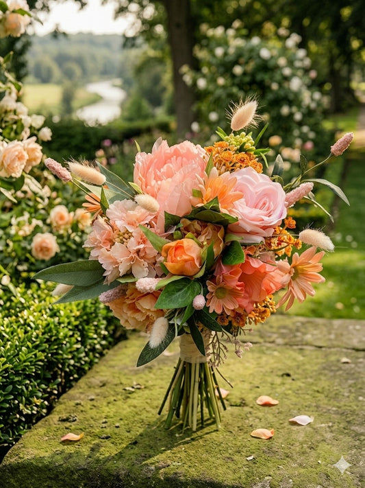 Sunset Bloom — Zijden Bruidsboeket Roze & Oranje