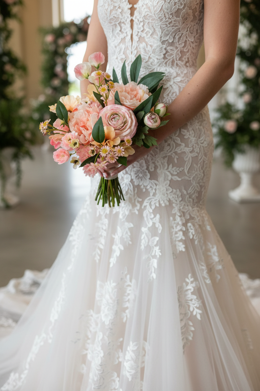 Boeket bij bruidsjurk