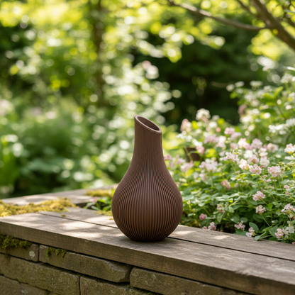 Bruine geribde vaas buiten