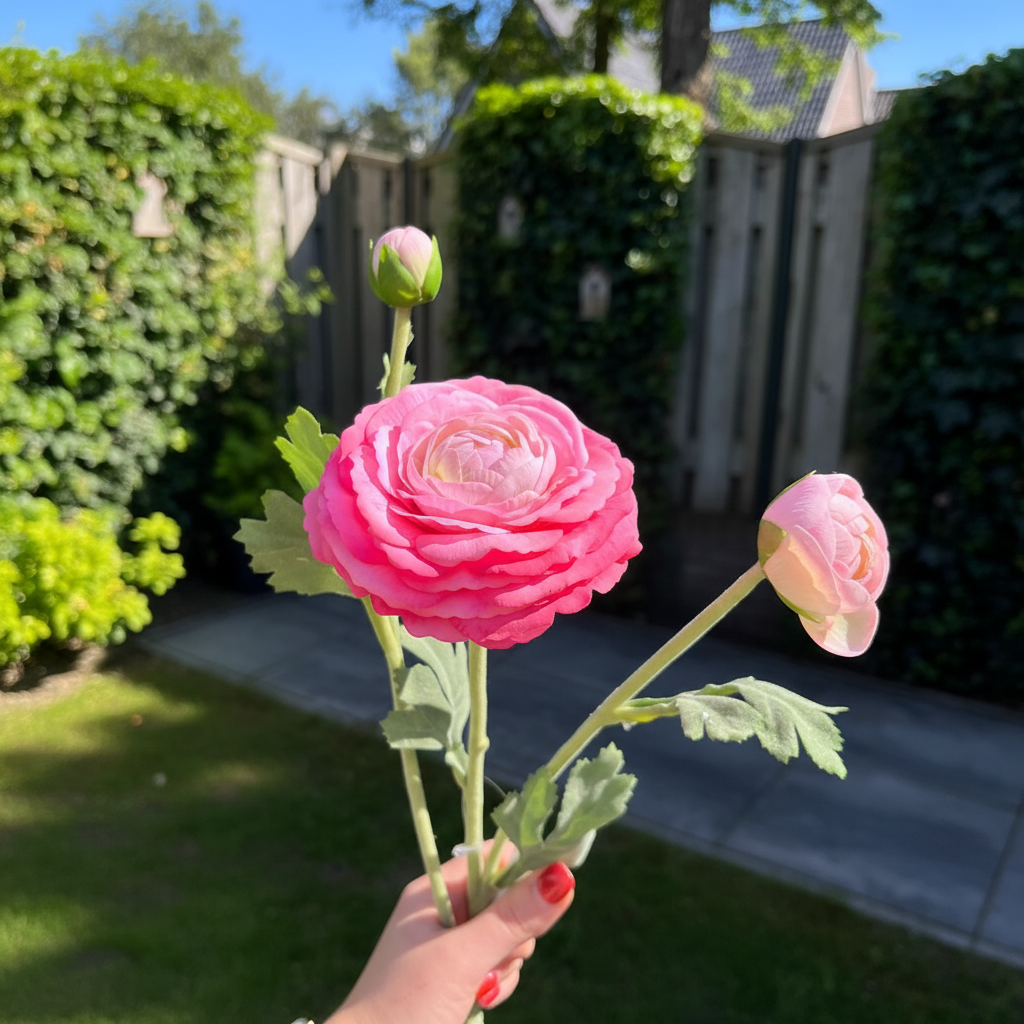 Felroze ranonkel in natuurlijke tuinomgeving