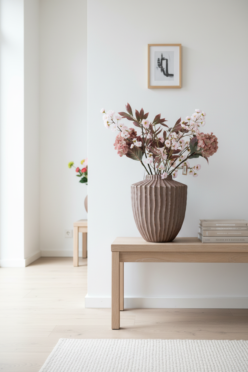 Grijze geribbelde vaas in interieur