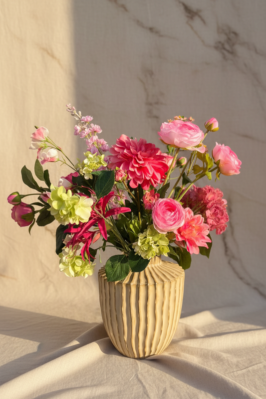 Kleurrijk boeket op linnen/marmer