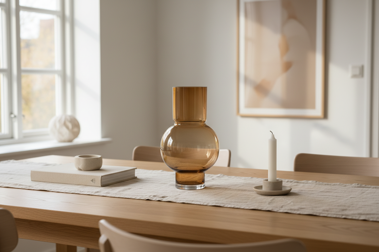 Lege amber vaas op eettafel