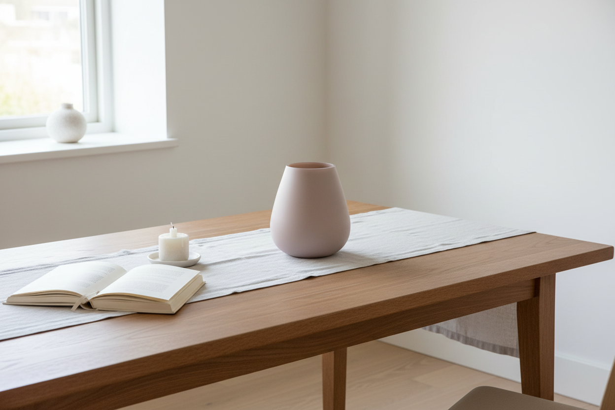 Lege roze vaas op eettafel