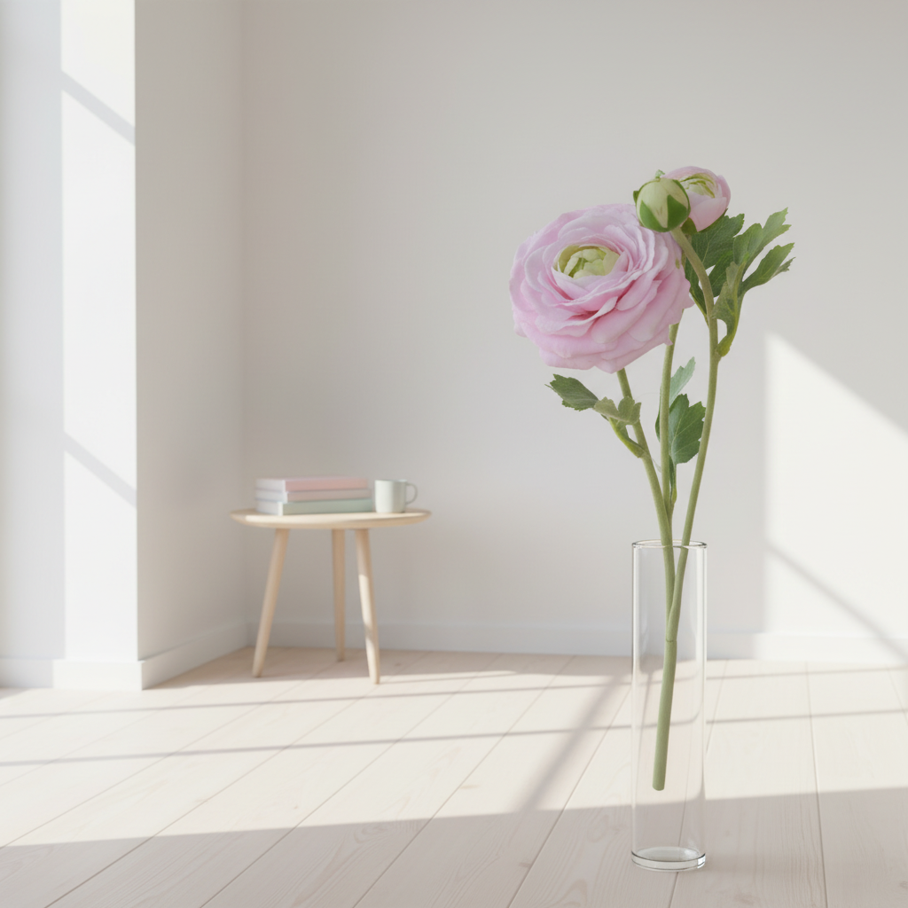 Lichtroze ranonkel in minimalistisch interieur