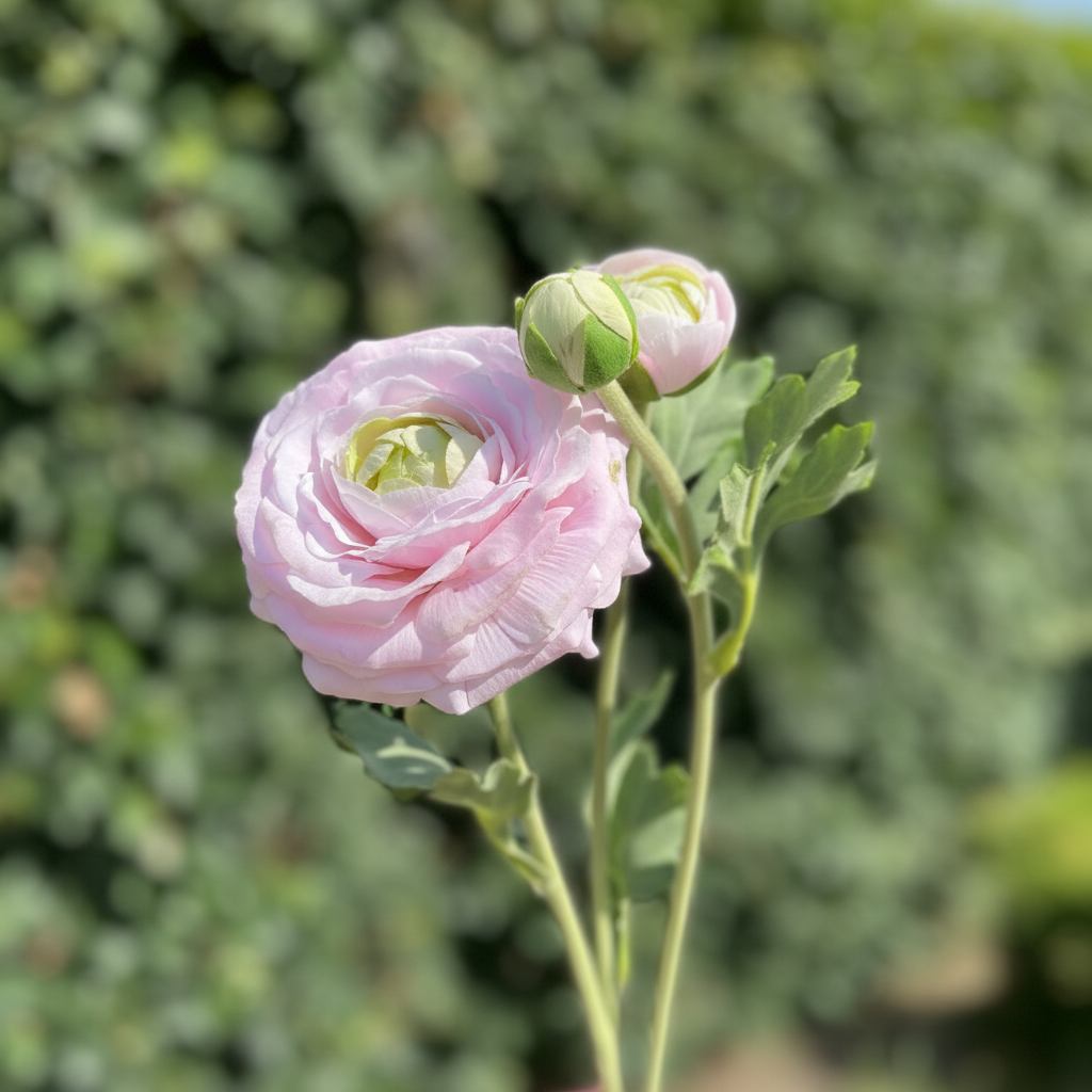 Lichtroze ranonkel in natuurlijke tuinomgeving