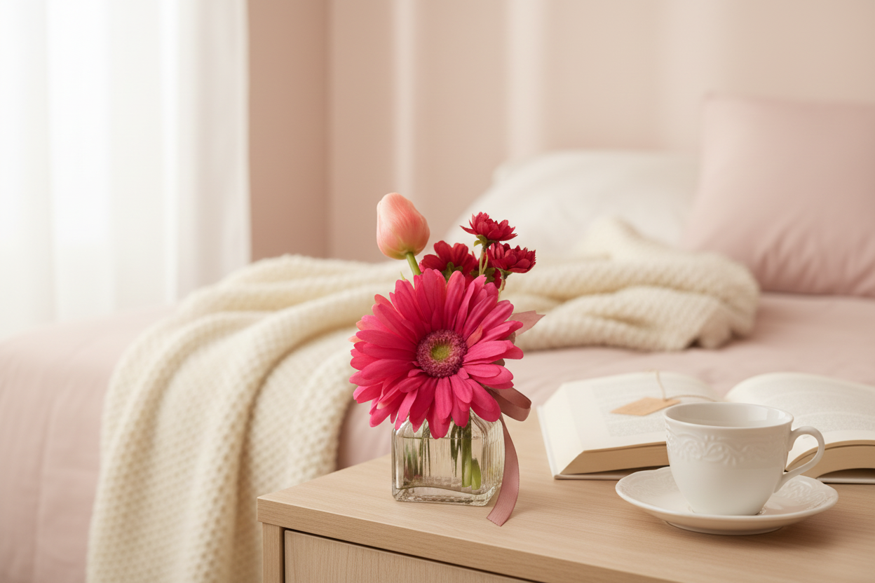 Mini boeket op nachtkastje