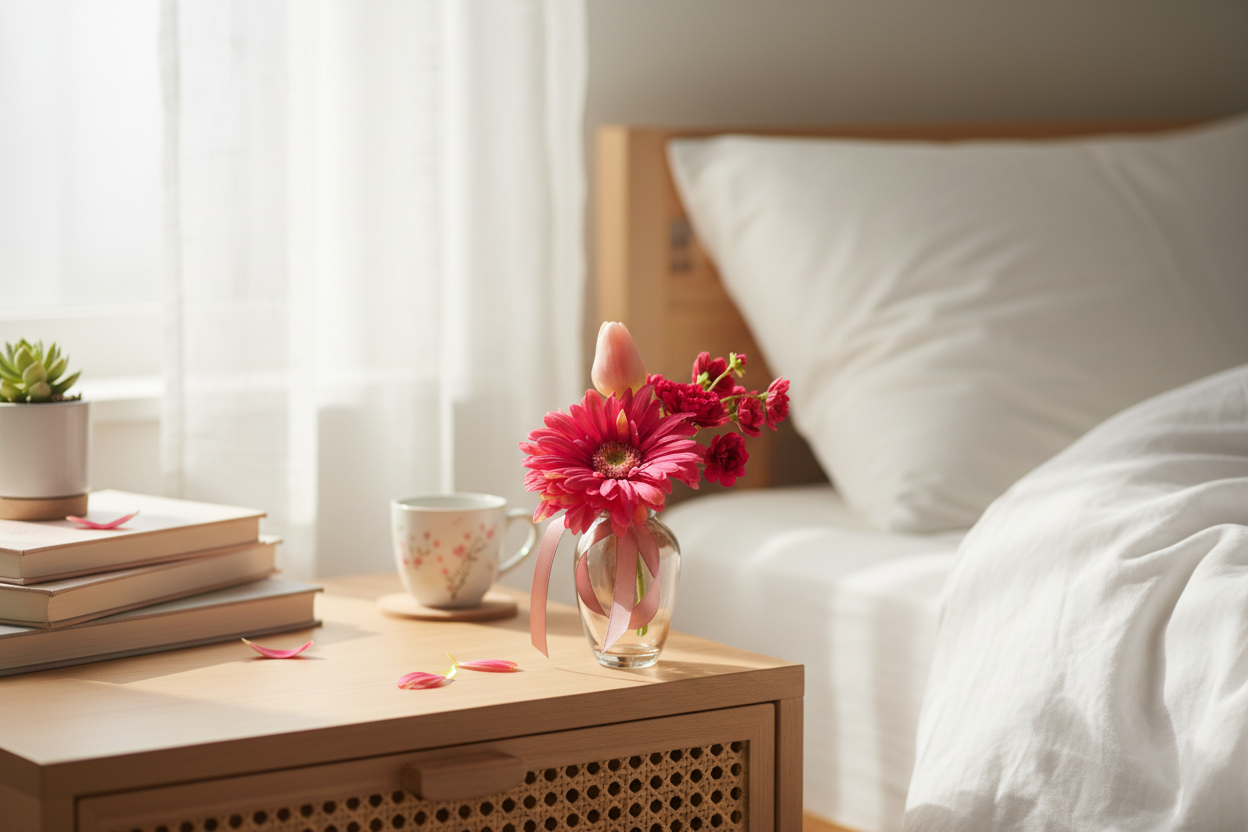 Mini boeket op nachtkastje