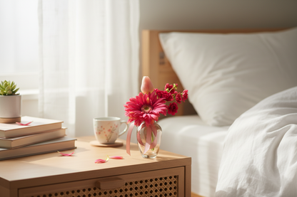 Mini boeket op nachtkastje