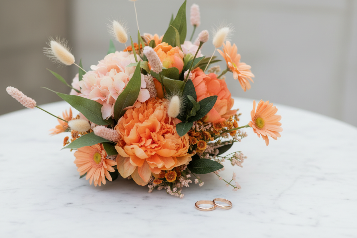 Oranje boeket met ringen