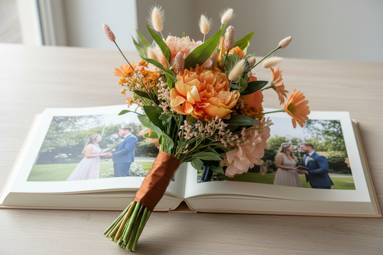 Oranje boeket met stelen en bruin lint op album