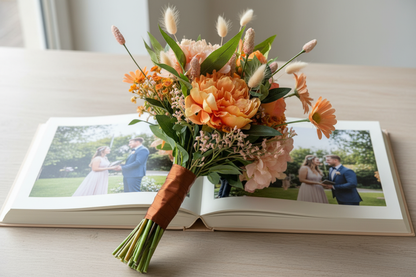 Oranje boeket met stelen en bruin lint op album