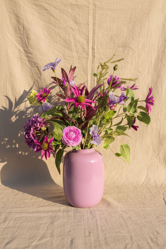 Paars boeket op linnen/marmer