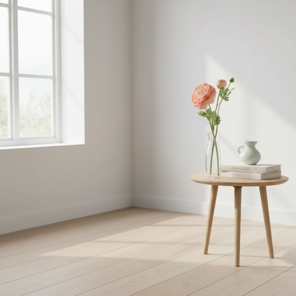 Peachy-roze ranonkel in minimalistisch interieur
