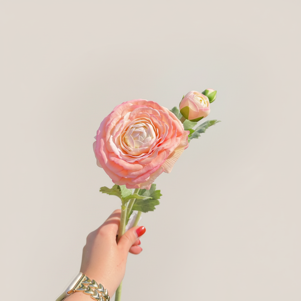 Peachy-roze ranonkel met lichte neutrale achtergrond