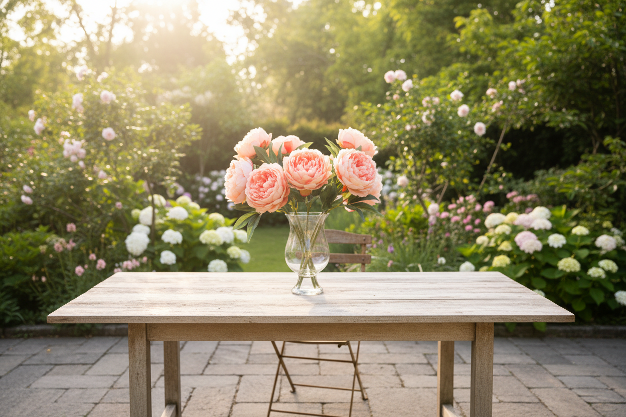 Perzik pioenrozen buiten