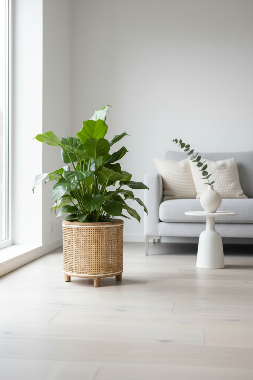 Rieten plantenbak in interieur