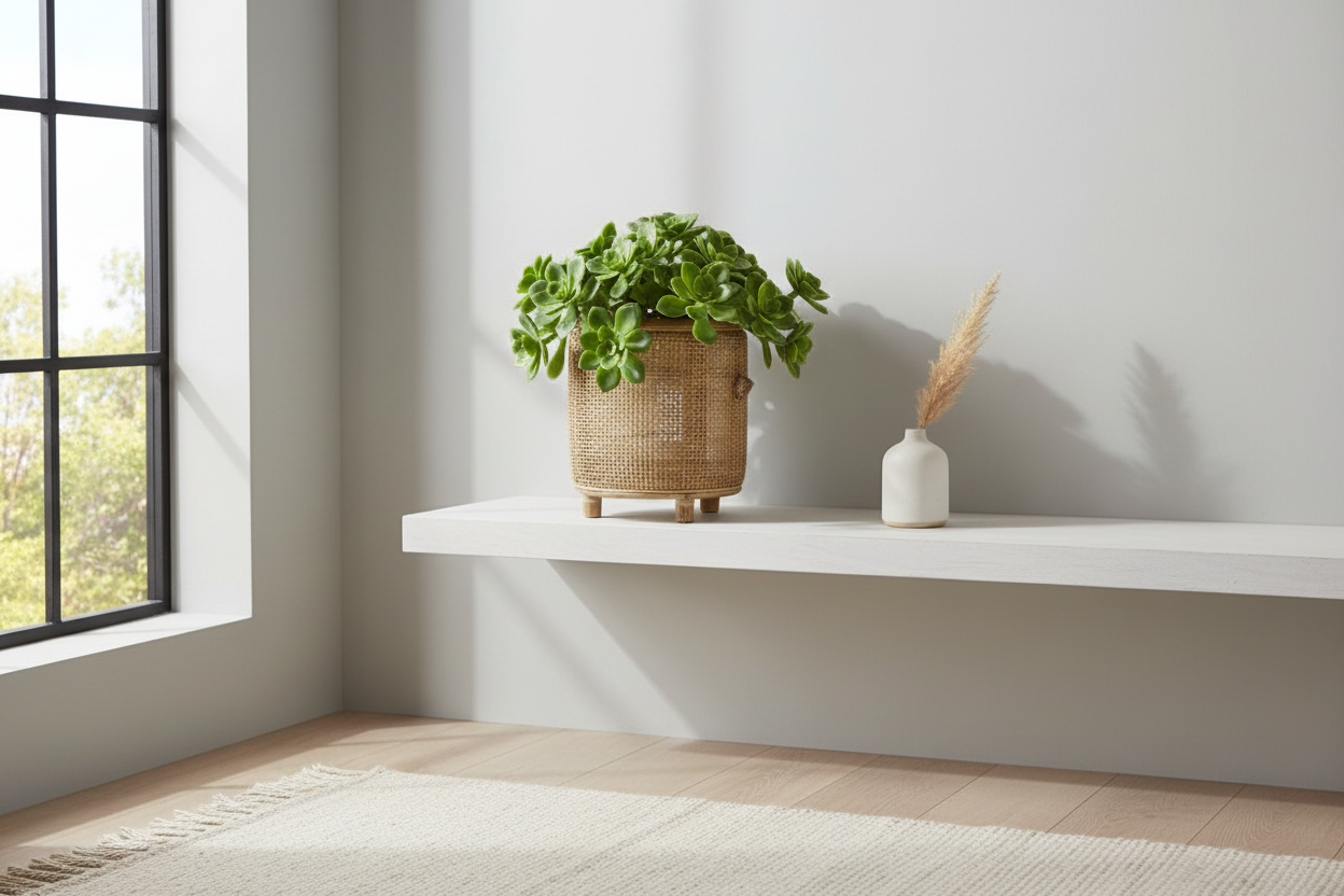 Rieten potje met plant op plank