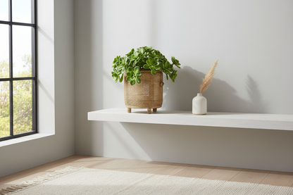 Rieten potje met plant op plank