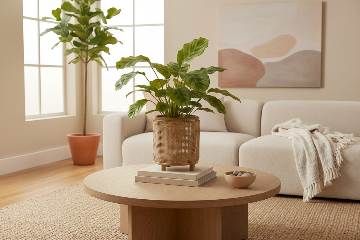 Rieten potje met plant op tafel