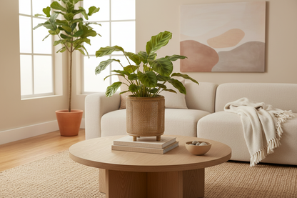 Rieten potje met plant op tafel