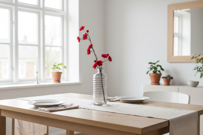 Rode bloesemtak op eettafel