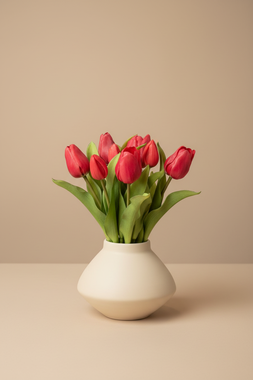 Rode tulpen in breed vaasje