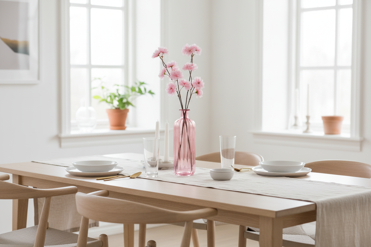 Roze bloesemtak op eettafel