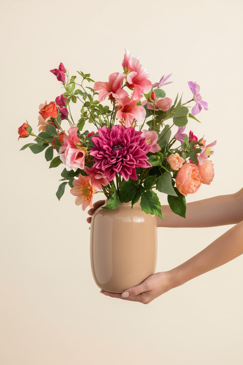 Roze boeket met handen