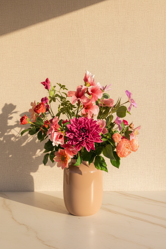 Roze boeket op linnen/marmer