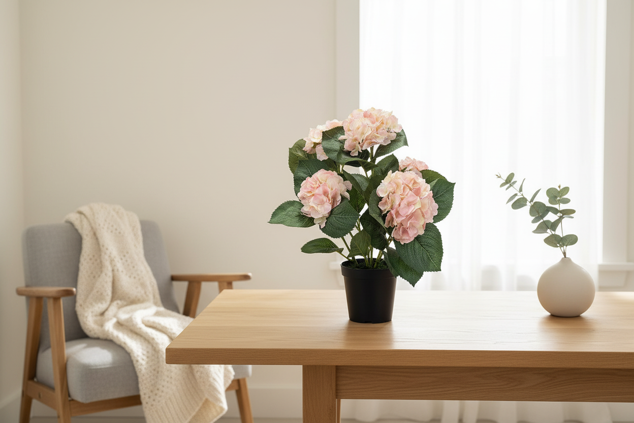 Roze hortensia in woonkamer