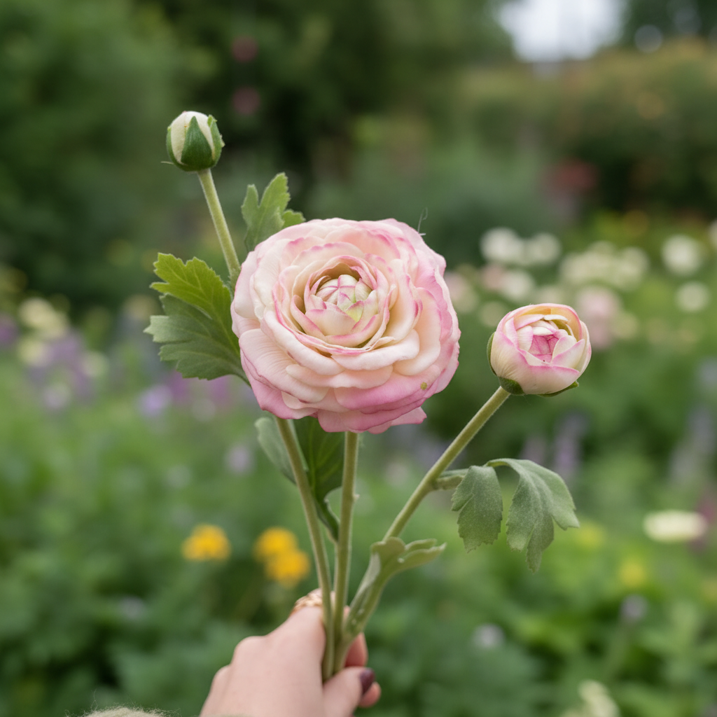 Roze ranonkel met donker randje in natuurlijke tuinomgeving
