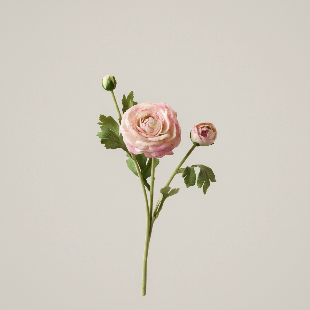 Roze ranonkel met donker randje met lichte neutrale achtergrond