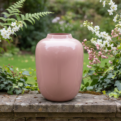 Roze terracotta vaas in natuurlijke buitenomgeving