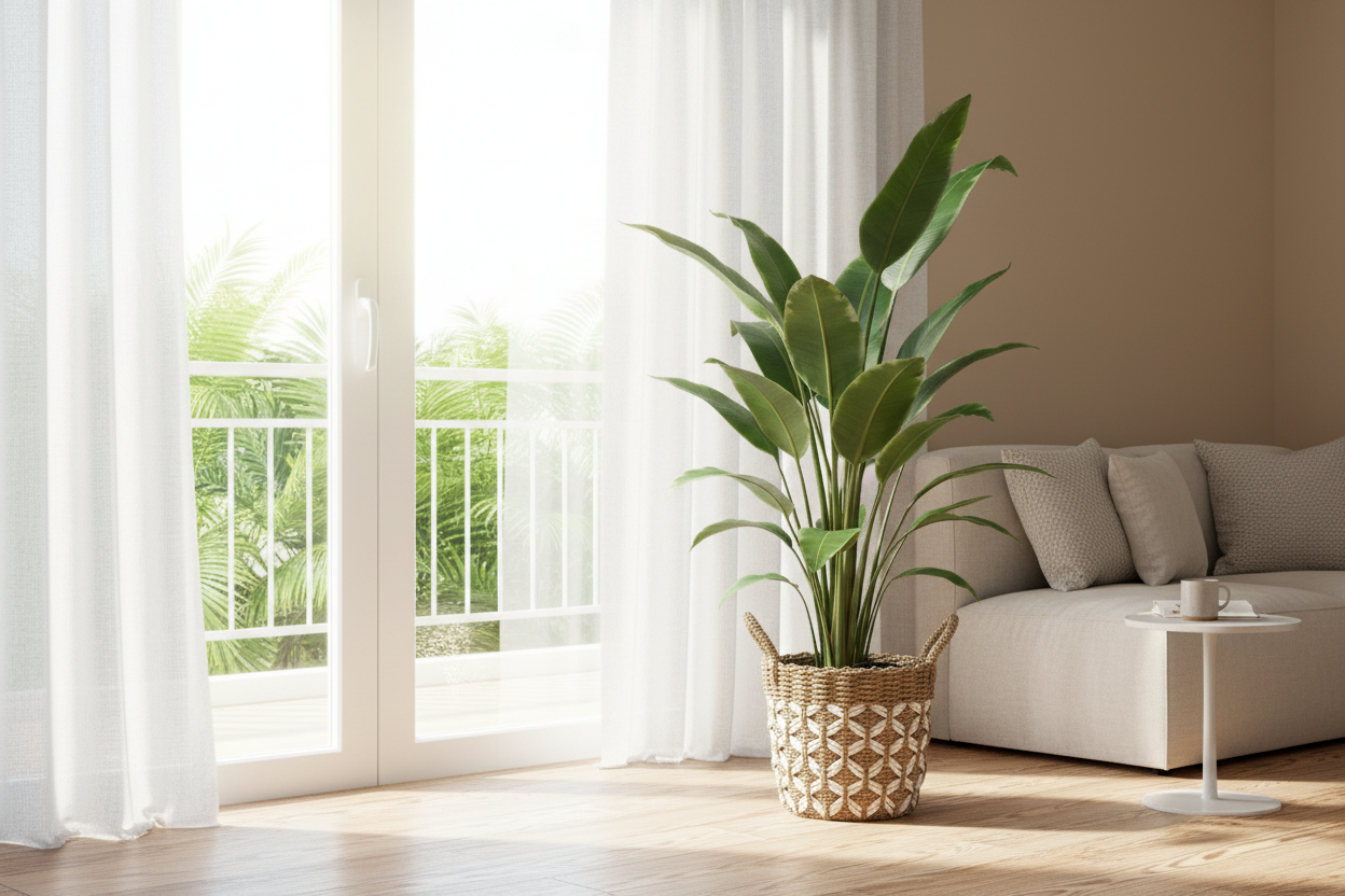 Tropische plant bij raam