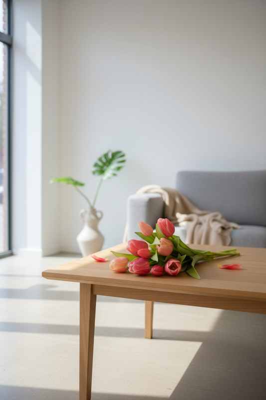 Tulpenboeket liggend in interieur