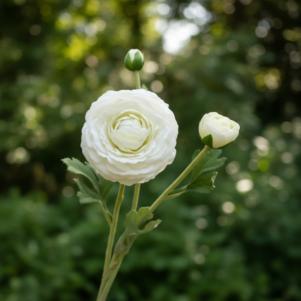 Witte crème ranonkel in natuurlijke tuinomgeving