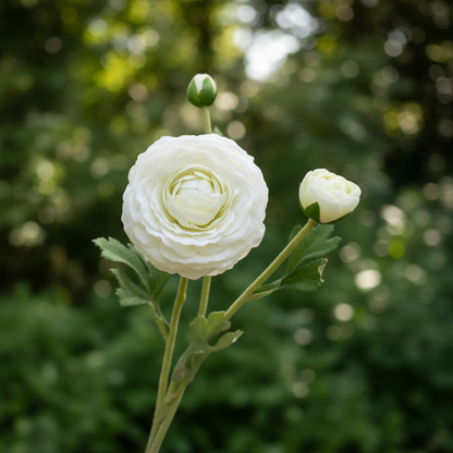 Witte crème ranonkel in natuurlijke tuinomgeving