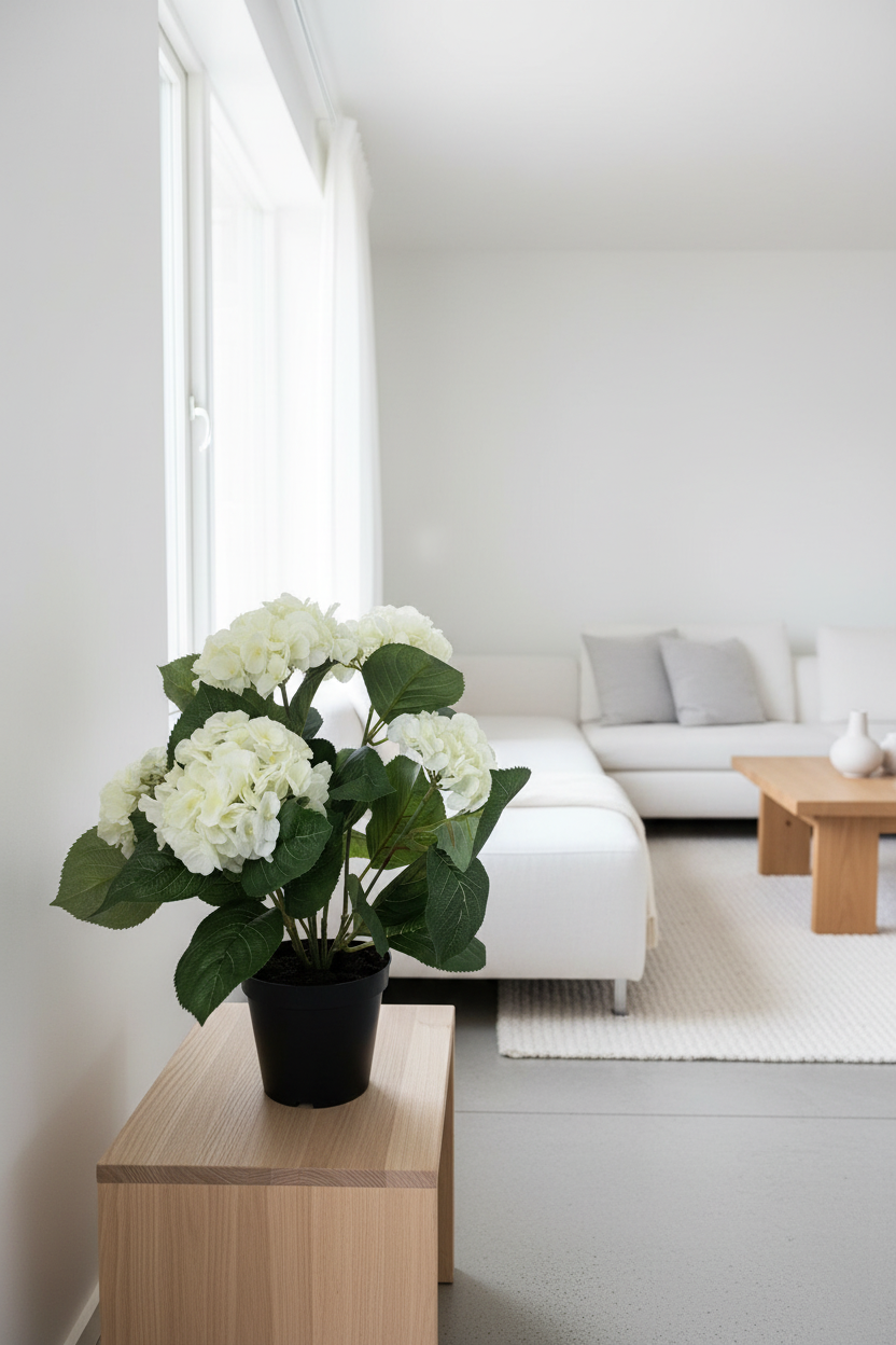 Witte hortensia in interieur