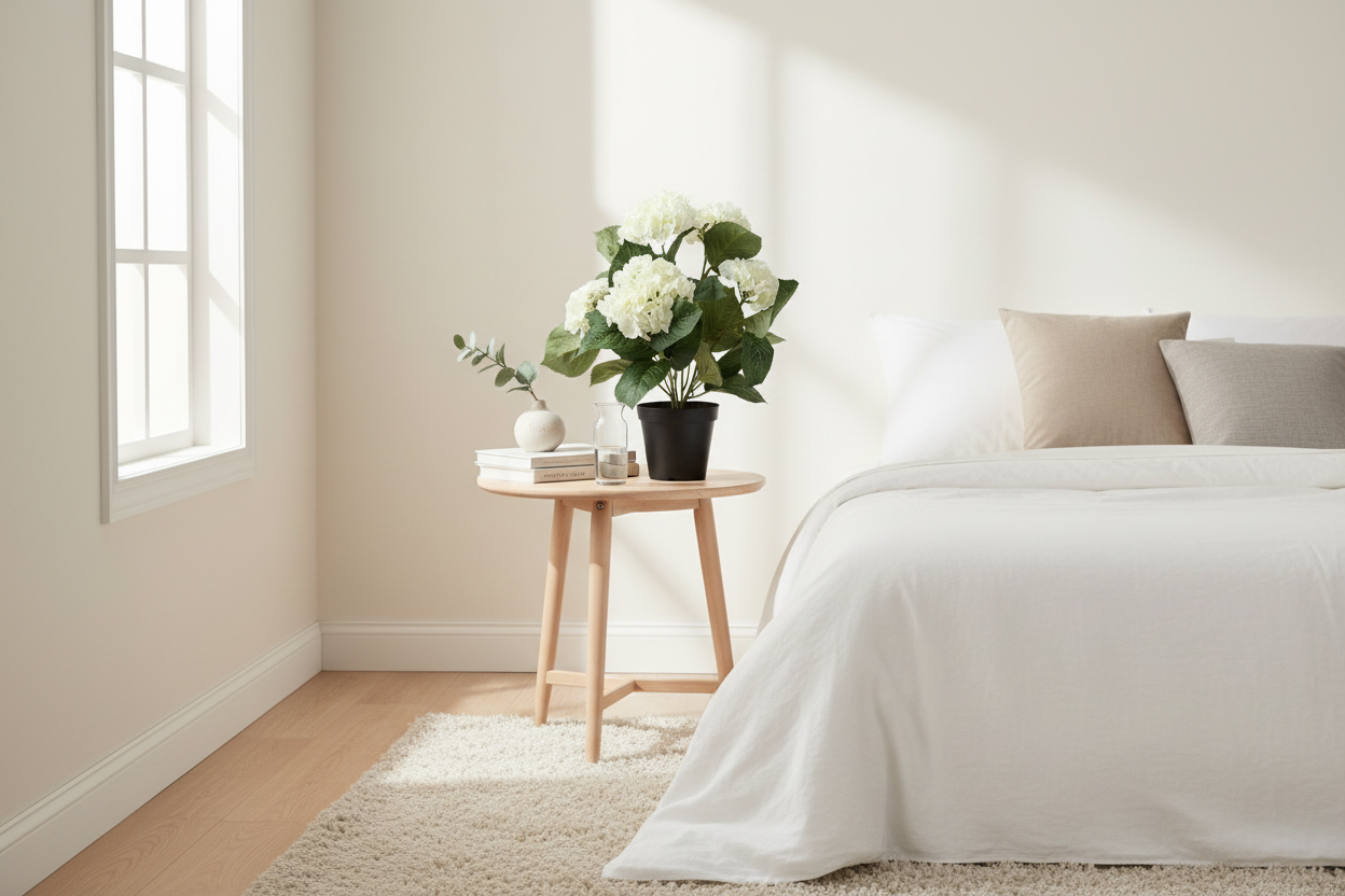 Witte hortensia in slaapkamer